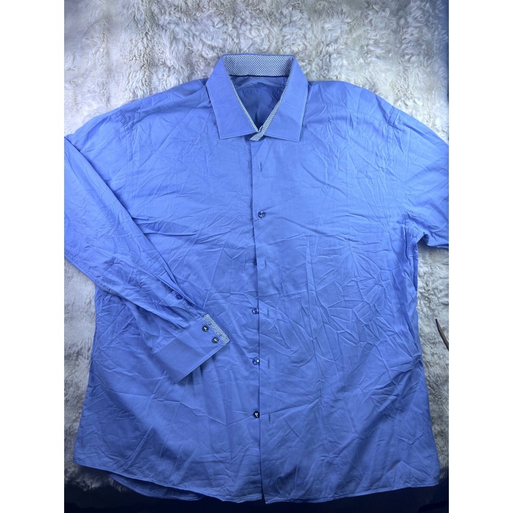 Bertigo Mens Long Sleeve Button Down Dress Shirt Blue Patterned Trim Size XL A29